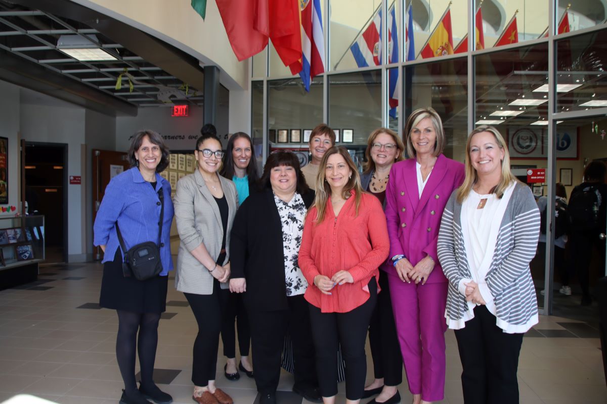 Representatives from the Connecticut WSCC Partnership, East Hartford Public Schools, and CDC’s Division of Adolescent and School Health gathered at Mayberry Elementary School in East Hartford in April. From left are, Marlene Schwartz of UConn; Michelle Texidor of East Hartford Public Schools; Jessica Koslouski of UConn; Shari Staeb of East Hartford Public Schools; Melissa Fahrenbruch of CDC; Michelle Marion, principal of Connecticut IB Academy; Sandra Chafouleas of UConn; Tracy Stefano of East Hartford Public Schools; and Stephanie Domain of CDC. (Laura Roberts/CT WSCC photo) 