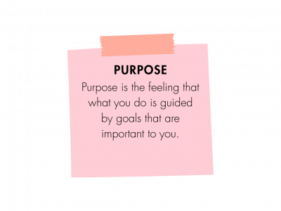 Pink sticky note with the following text: purpose is the feeling that what you do is guided by goals that are important to you.