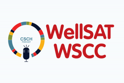 CSCH Podcast Logo on left (colorful circle with microphone in middle) and WellSAT WSCC Wordmark on right